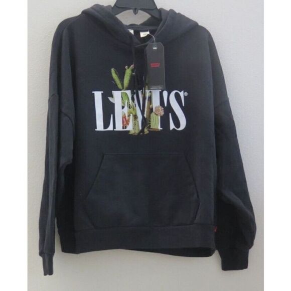 Levi's 852800018 Women's Sz L Black Cactus Serif Logo Hoodie Sweatshirt - Picture 1 of 7